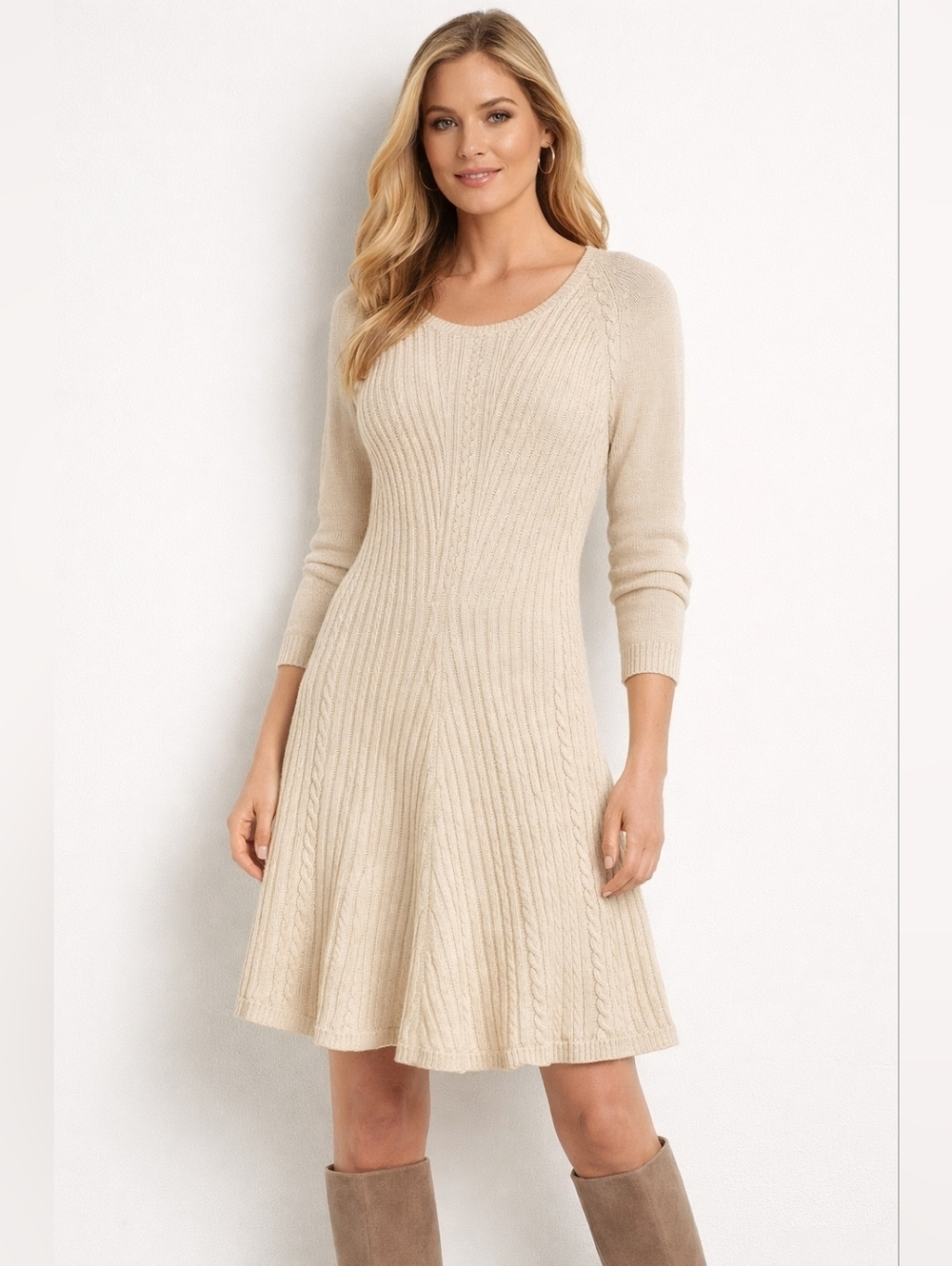 Boston Proper Sweater Dress Size M Cream Cable Knit Fit Flare Long Sleeve Knit
